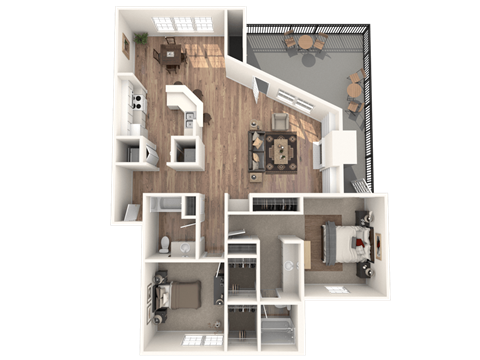 A 3D floor plan of a house with a kitchen, living room, and bedrooms.